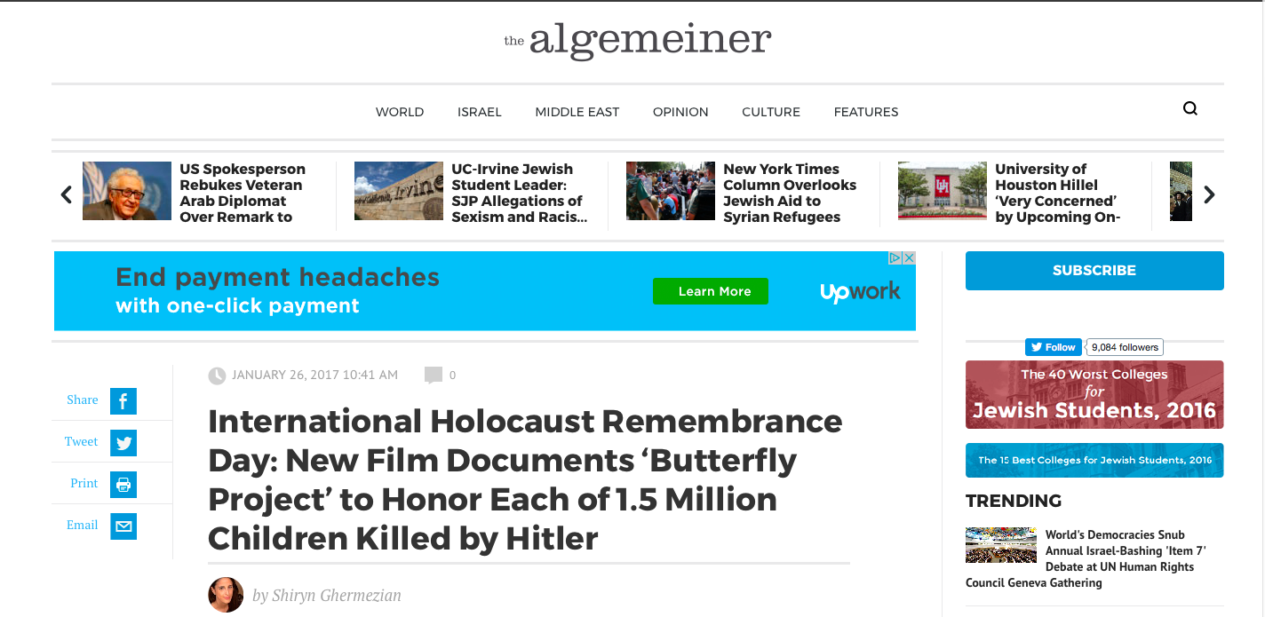 The Algemeiner - Holocaust Education The Butterfly Project